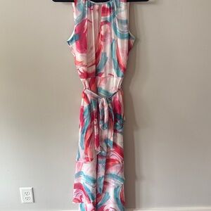 Tahari Sleeveless Pink and Blue Feminine Maxi Dress
